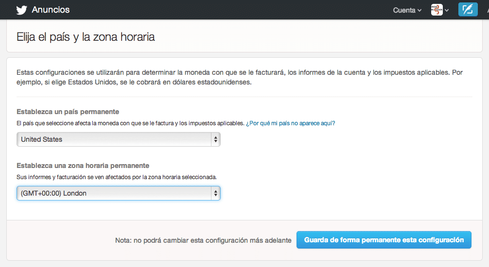 elegir pais y zona horaria en twitter