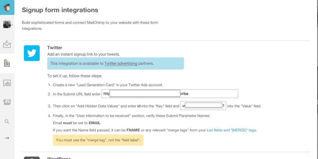 Integrar twitter card con mailchimp