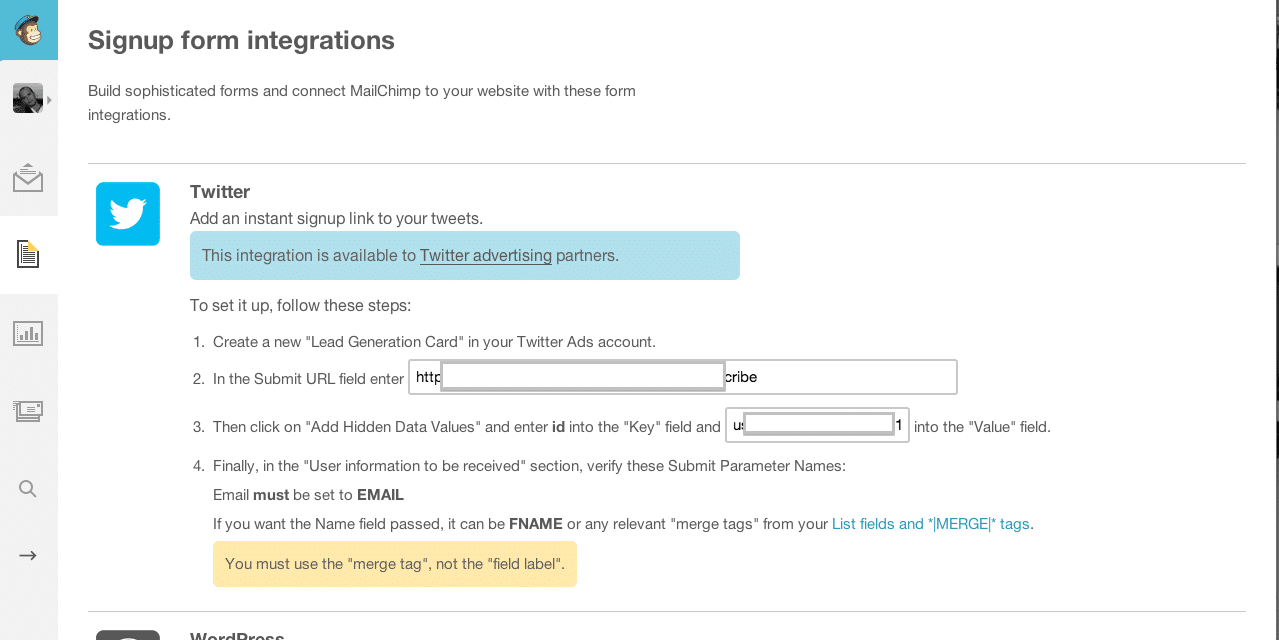 Integrar twitter card con mailchimp